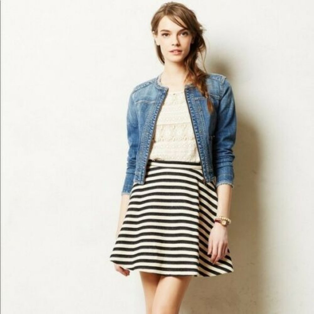 Greylin (Anthropologie) Knit Navy Blue & Cream Striped Skater Skirt Size 0